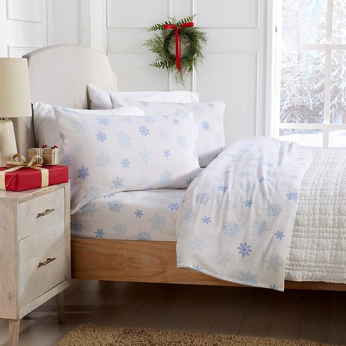 Market & Place 100% Turkish Cotton Flannel Sheet Set | 4 Piece Deep Pocket Novelty Cozy Winter Bed Sheets | Double Brushed for Extra Softness & Comfort | Alpine Collection (King, Blue Snowflake)