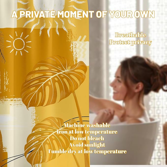 Mustard Yellow Shower Curtain Light Bohemian, 70x72 Inchs | Abstract Design, Mid Century Modern Pattern Theme, Boho Bathroom Decor Sets, Waterproof Cloth Fabric, with 12 Hooks