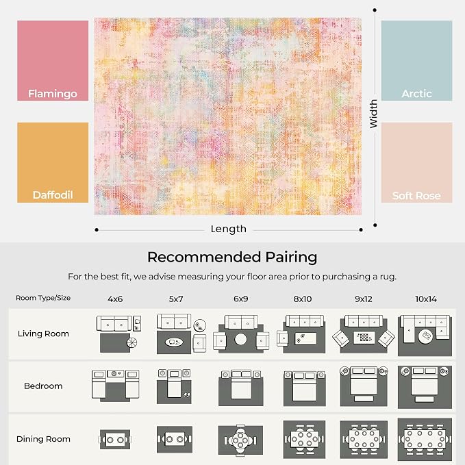 Kokia Abstract Area Rugs 8x10 Bedroom Soft Living Room Rugs Washable Distressed Vintage Comfy Pink Orange Carpet with Non-Slip Backing for Farmhouse Home Office Room Decor, Oslo Sunrise