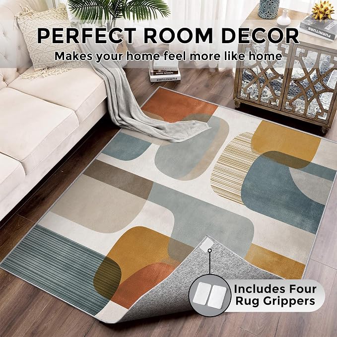 4x4 Mid Century Geometric Rugs for Bedroom Decor, Washable Mid Century Modern Pattern Area Rug, Living Room Home Decoration, Non Slip Soft Thin, Modern Abstract Decor Carpet PF-P 117