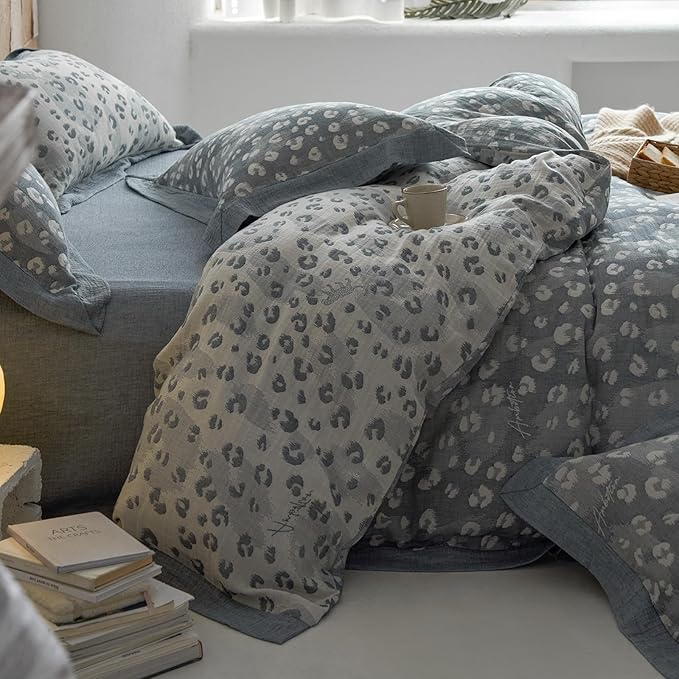Leopard Print Duvet Cover Full Premium Yarn-Dyed Cotton Linen Jacquard Duvet Cover Grey Leopard Print Bedding Set Aesthetic Floral Leopard Comforter Cover with Zipper Closure Farmhouse Bedding Set