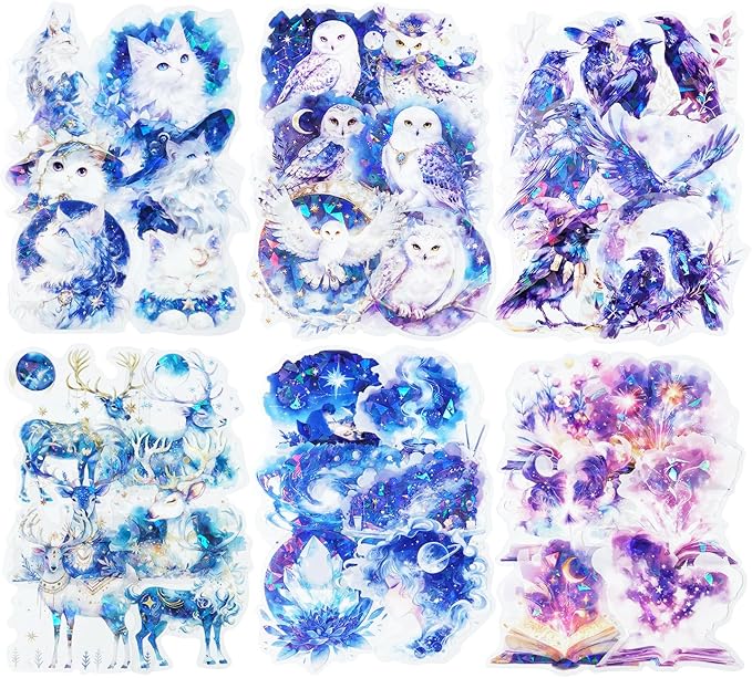 AuriicLeaf Magical PET Sticker Set, 60Pcs Fantasy Holographic Stickers for Scrapbooking, Journaling, DIY Crafts, and Collage Supplies