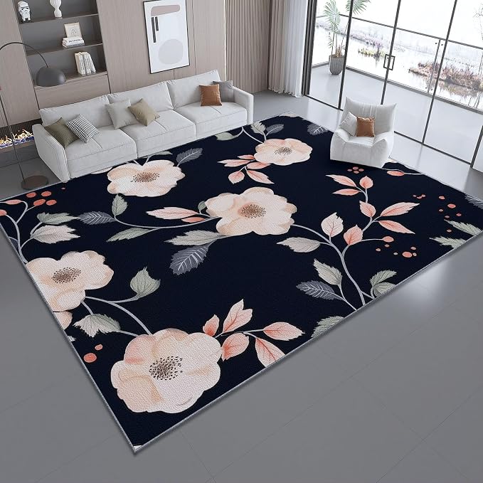 Area Rugs for Living Room, 2x3 Washable Rug Black Soft Low Pile Non-Slip Carpet Stain Resistant Carpets for Bedroom Dining Room Farmhouse Nursery, Retro Branches and Leaves Elegant Flowers