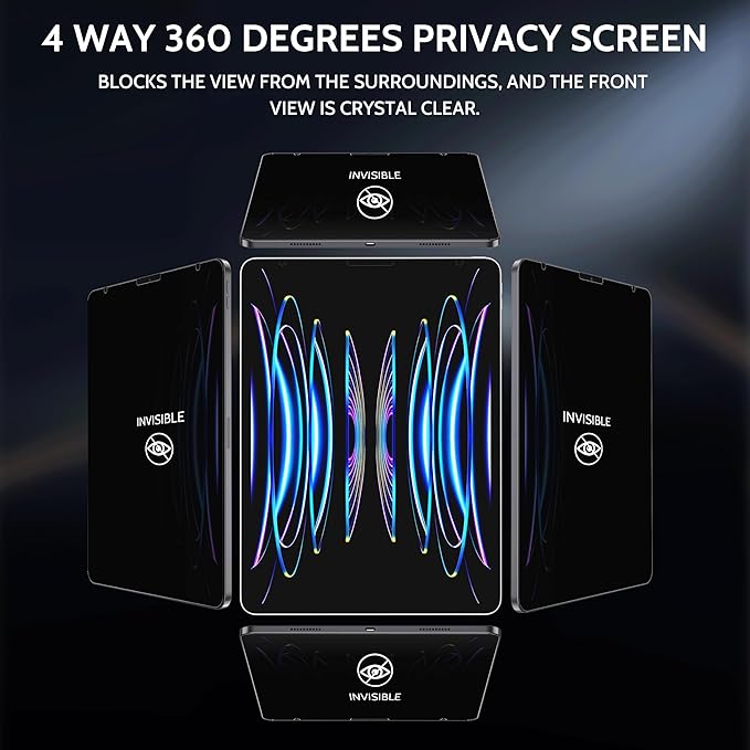 Peslv 360° Privacy Screen for iPad Pro 12.9 Inch 2018 2020 2021 2022, Anti Glare Blue Light Spy Filter Private Cover, High Sensitive Bubble-Free Easy Install Black Security Protector