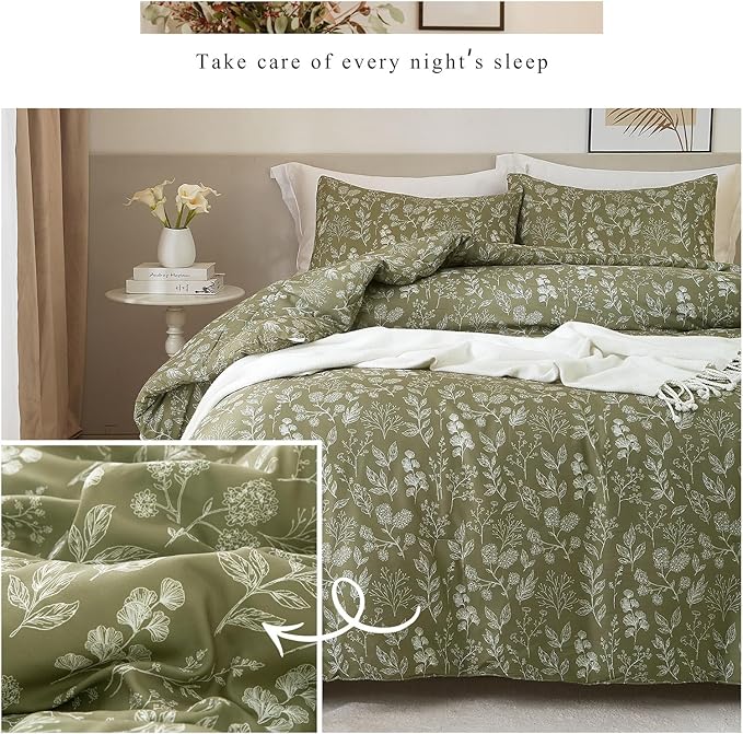 EAVD Vintage Style Garden Olive Green Floral Duvet Cover Twin XL Soft Cotton Chic Shabby Cute Floral Bedding Set with 2 Pillowcases Fresh Reversible Botanical Duvet Cover with Zipper Closure