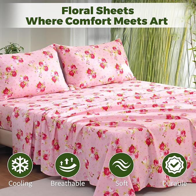 Bedlifes King Floral 4-Piece Sheet Set - Cooling Sheets Blend Rayon Derived from Bamboo,Soft & Breathable, Deep Pocket 16", Wrinkle Resistant - Vibrant Boho Floral in Rose Pink