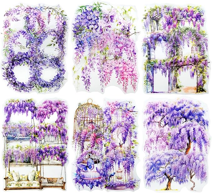 AuriicLeaf Wisteria Floral PET Sticker Set, 60Pcs Purple Flower Stickers for Scrapbooking, Journaling, Junk Journal Supplies, and DIY Crafts