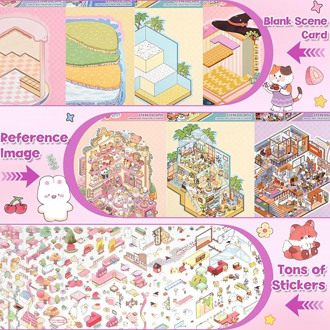 ASTARON 6 Sets DIY 3D Sticker Scene Book Sticker Therapy for Adults, Make Your Own Mini Cozy Shop House Room Stickers Cute Cartoon Miniature Stickers, Relief Stress Pass The Time