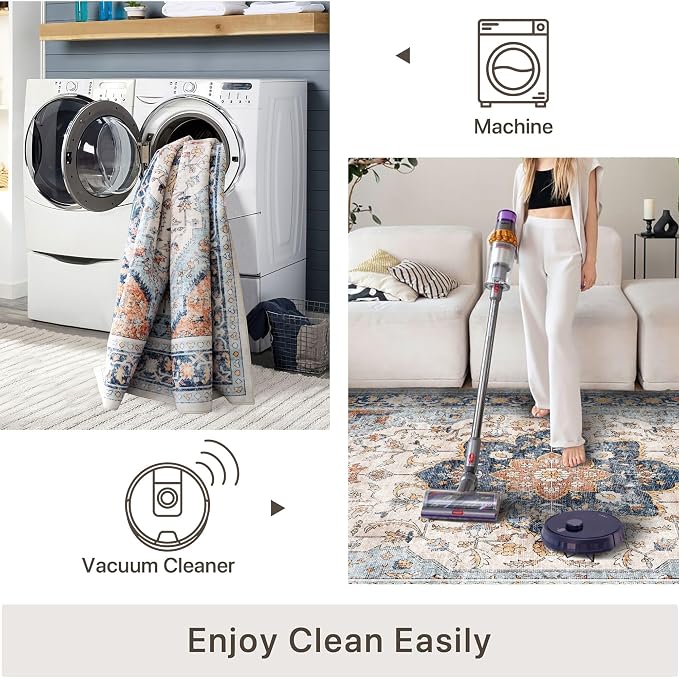vivorug 6x9 Area Rugs, Ultra-Soft Washable Boho Rug for Living Room Dinner Room Bedroom, Non-Slip Vintage Floral Indoor Carpet Large Area Rug Orange/Navy