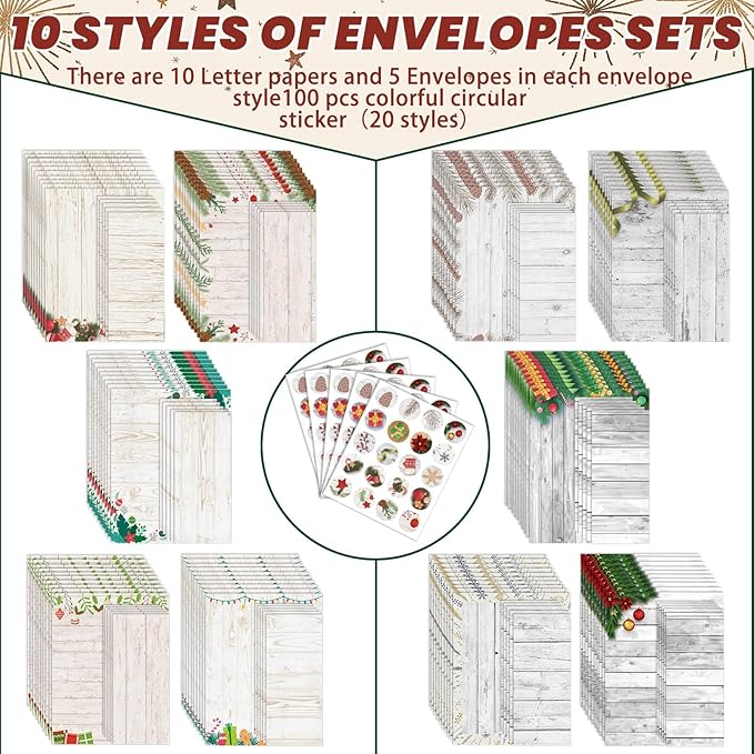 EggSun 250Pcs Christmas Stationery Paper and Envelope Set with 100 Letterhead Papers and 50 Envelopes, 10 Design for Letter Writing Invitations Computer Holidays Party Notes, 8.5x11 Inch-Wood Grain