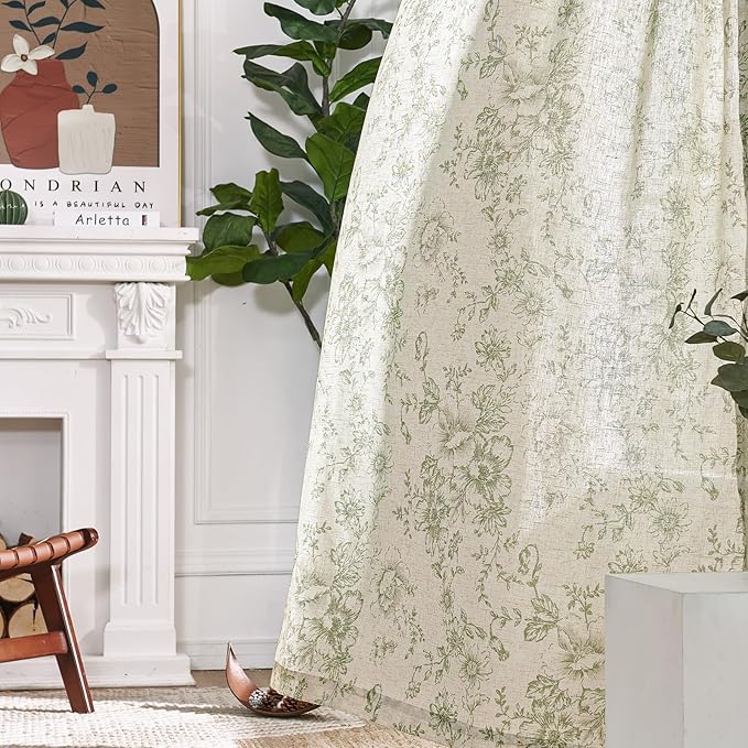 jinachan Linen Blend Floral Curtains for Living Room 84 Inch Length Christmas Sage Green Printed Curtain Rod Pocket Back Tab Farmhouse Peony Flower Patterned Drapes Bedroom Curtains Set 2 Panels