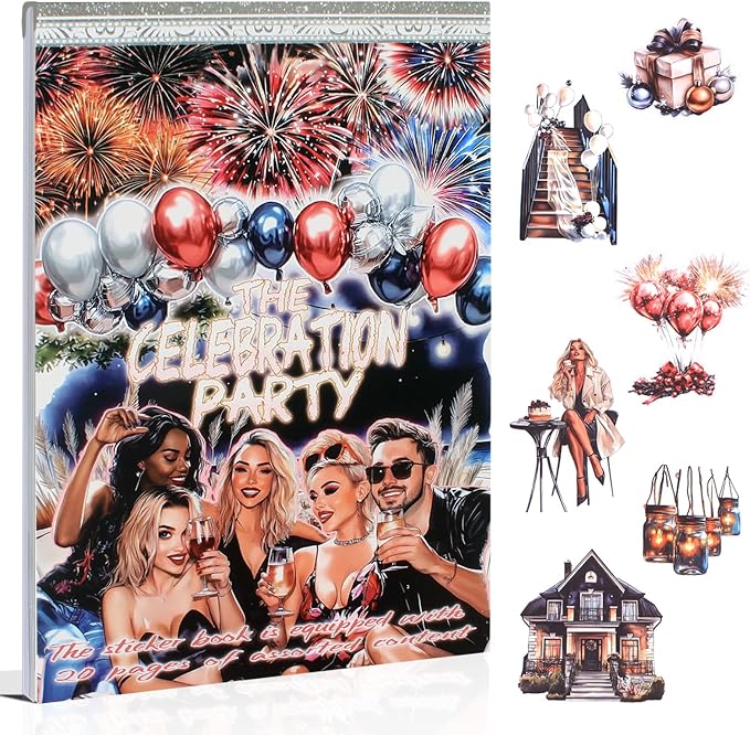 Dwpetzo Celebration Party Scene Scrapbook Sticker Book for Scrapbooking, 20 Sheets Pre-Cut PET Paper Washi Stickers for Journaling, Junk Journal Supplies, Craft Arts, Albumn, Bujo