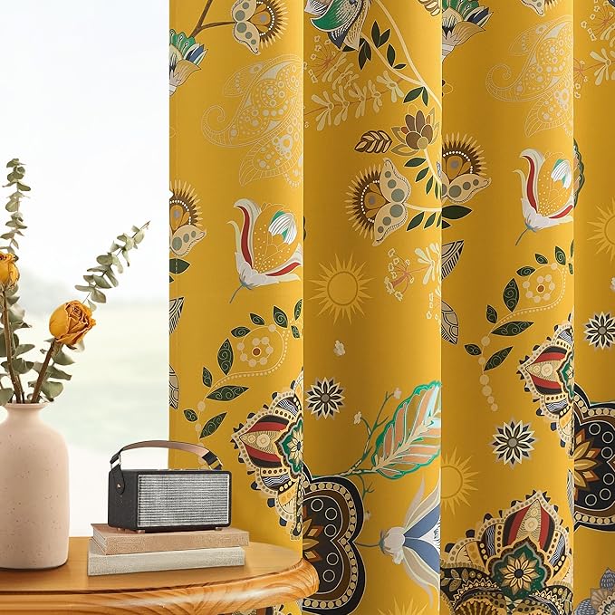 Mustard Yellow Vintage Floral Blackout Curtains & Drapes 90 Inches Long for Living Room Bedroom 2 Panels Boho Colorful Botanical Flower Leaf Printed Curtains Luxury Room Darkening Grommet Top 52x90