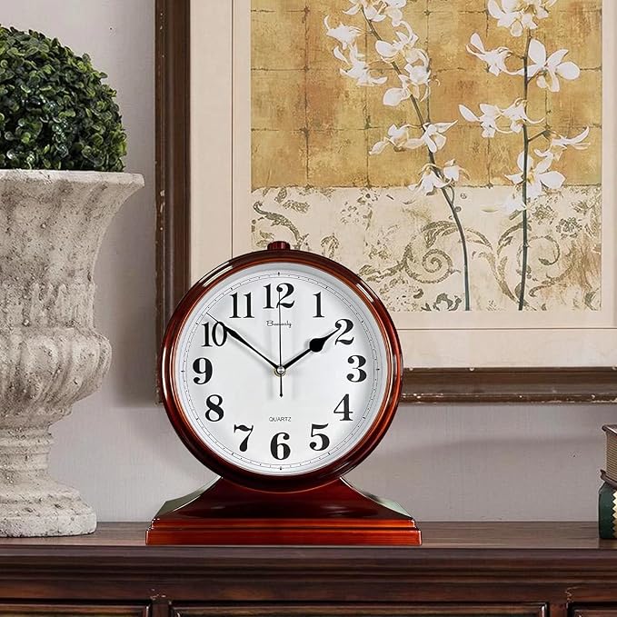 Beesealy Desk Clock for Table Decor,Retro Mantel Clock Battery Operated for Fireplace Mantel, Living Room,Bedroom,Office,Desktop Decoration (Brown)