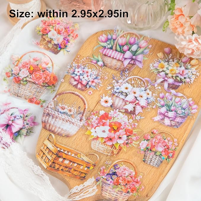 AuriicLeaf Floral Basket Holographic PET Sticker Set, 72Pcs Vintage Flower Stickers for Scrapbooking, Journaling, Junk Journal Supplies, and DIY Crafts