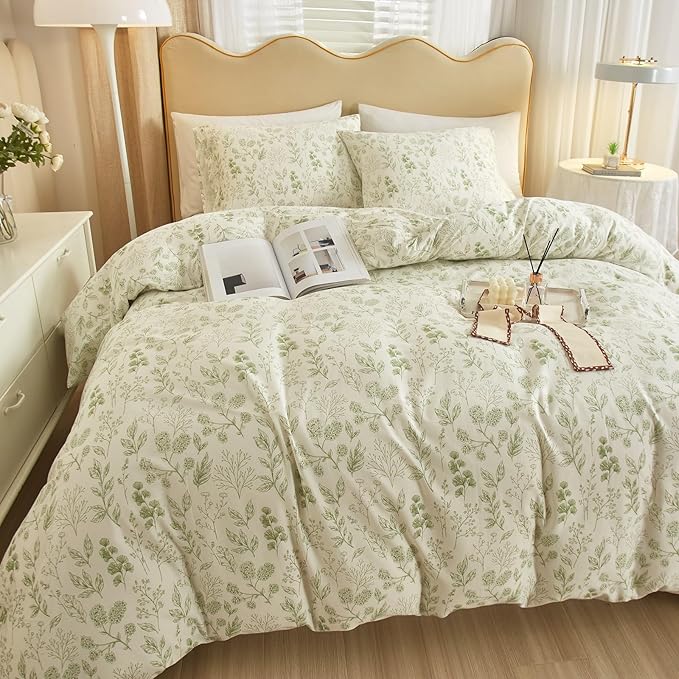 Garden Style Green Floral Comforter Set Queen White Soft Fluffy Microfiber Comforter Chic Floral Printed Bedding Set Vintage Flowers Leaves Botanical Comforter Set All Seasons Queen Comforter Set