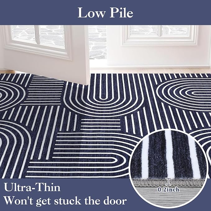 9x12 Area Rug Washable Modern Abstract Rugs for Living Room Non Shedding Soft Bedroom Boho Carpet Ultra-Thin Low Pile Living Room Floor Covers Abstract Lines Carpet for Playroom Kids Room, Blue
