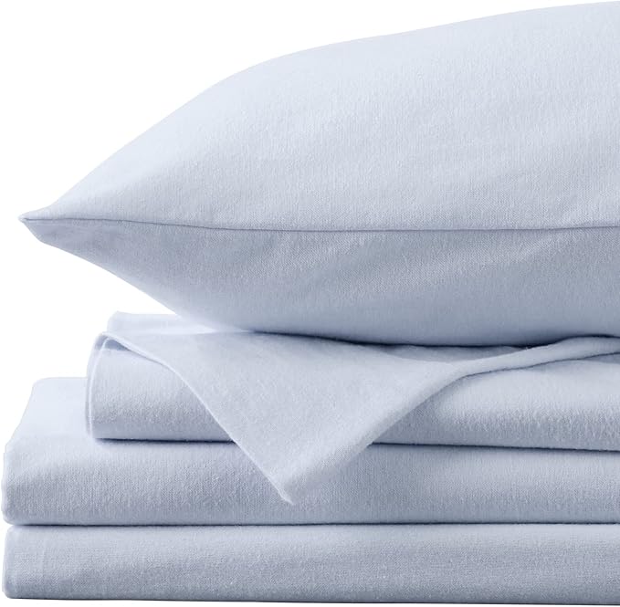 Market & Place 100% Turkish Cotton Flannel Sheet Set | 3 Piece Deep Pocket Solid Cozy Winter Bed Sheets | Double Brushed for Extra Softness & Comfort | Chalet Collection (Twin, Light Blue)