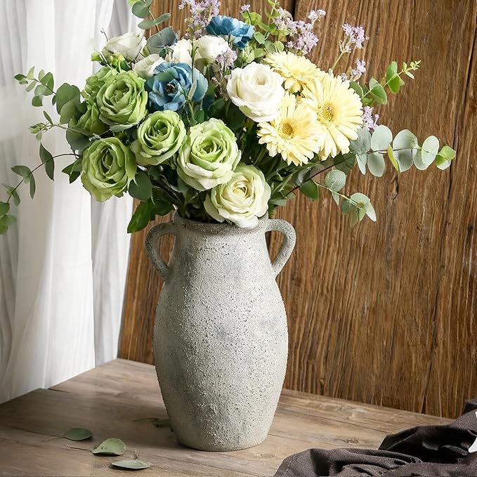 Ceramic Rustic Vase with Handle,11.3 inch Vintage Vase for Home Decor - Tall Farmhouse Flower Vase with 2 Handles, Living Room Entryway Table Centerpiece Decor