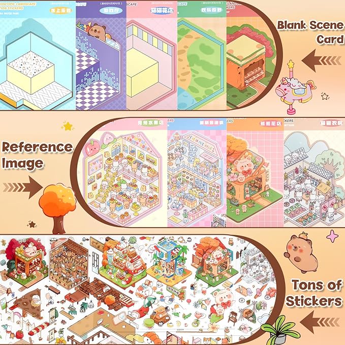 ASTARON 20 Sets DIY 3D Sticker Scene Book Sticker Therapy for Adults, Make Your Own Mini Cozy Shop House Room Stickers Cute Cartoon Miniature Stickers Relief Stress Pass The Time