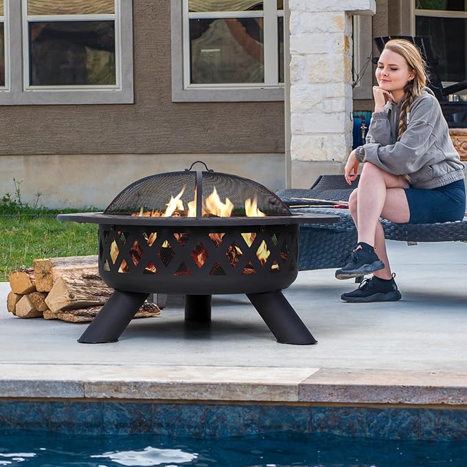 SUNCREAT 42" Large Outside Fire Pit, Round Fire Pit Wood Burning with Widened Tabletop, Spark Screen, Fire Poker, Phombus Pattern