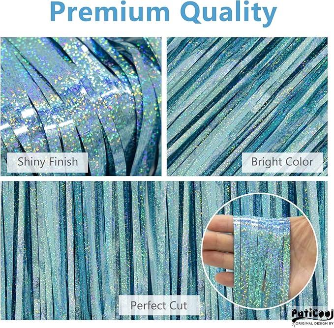 Thicken Blue Streamers 2 Pack 3.2 x 8.2 FT, Light Blue Birthday Decrorations Tinsel Backdrop Curtains, Foil Fringe Photo Backdrop for Baby Shower, Frozen, Under The Sea Party Decorations