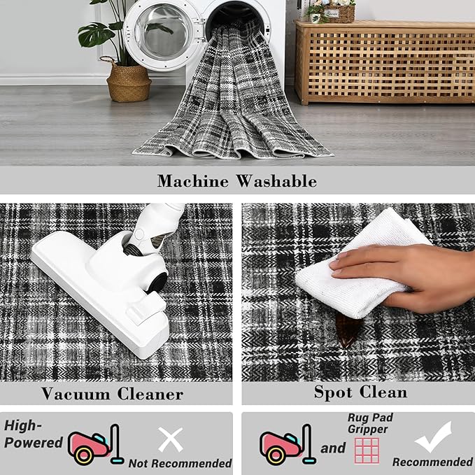 Washable Rugs 8x10 Rug for Living Room Soft Bedroom Rug Modern Plaid Black Large Area Rug Non Slip Throw Rugs Non Shedding Stain Resistant Carpet for Nursery Dining Room 8'x10' Black/Grey