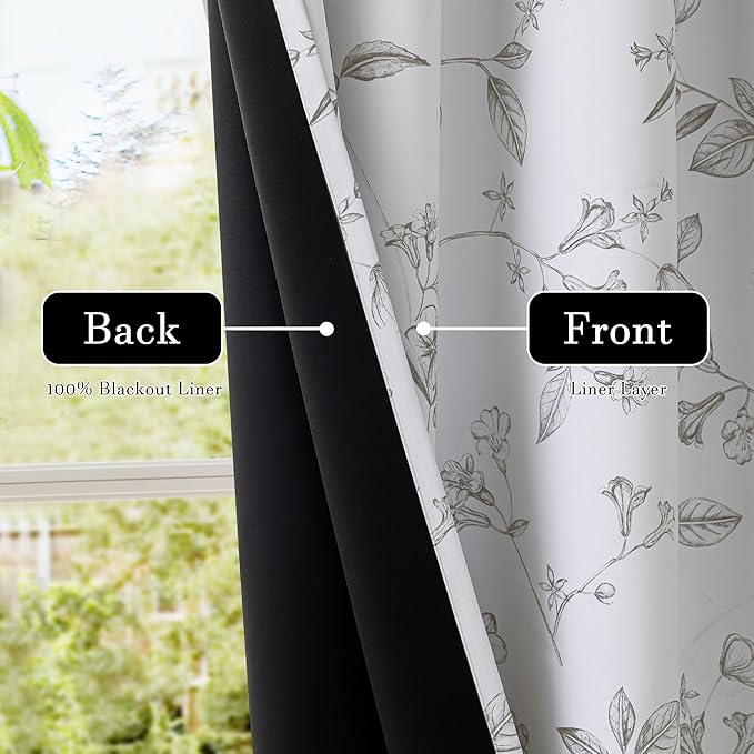 ChrisDowa 100% Blackout Floral Curtains 84 Inches Long 2 Panels for Bedroom Living Room Grey Flower Patterned Room Darkening Thermal Insulated Soundproof Grommet Window Treatments Drapes,52X84