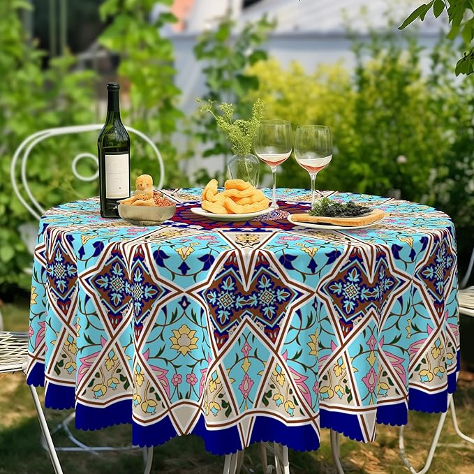 Eikione Boho Round Tablecloth 60inch, Tablecloth Waterproof and Wrinkle-Free, Boho Table Covers, Summer Decorations for Home