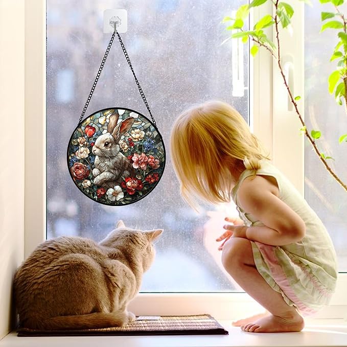 Stained Glass Window Hanging - Cute Rabbit Flowers Suncatcher Ready to Hang Window Doors Home Decoration, Christmas, Mother's Day Birthday Gifts for Women, Men, and Mom11.8x11.8 in