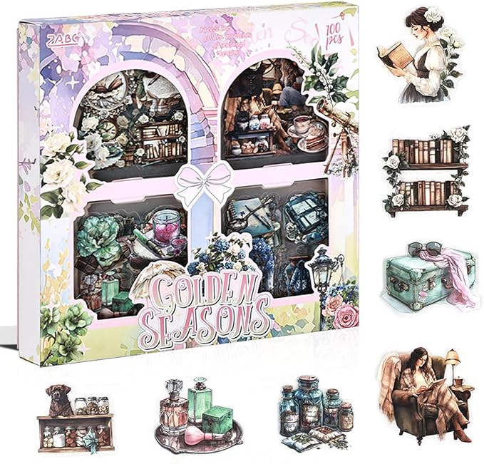 Scrapbooking Stickers Set for Adults, 100 Sheets 3.1 x 3.1 Inches Diecut Golden Seasons Theme, PET Stickers for Journaling, Junk Journal Supplies, Collage, Scrap Book, DIY Crats Arts Decorative