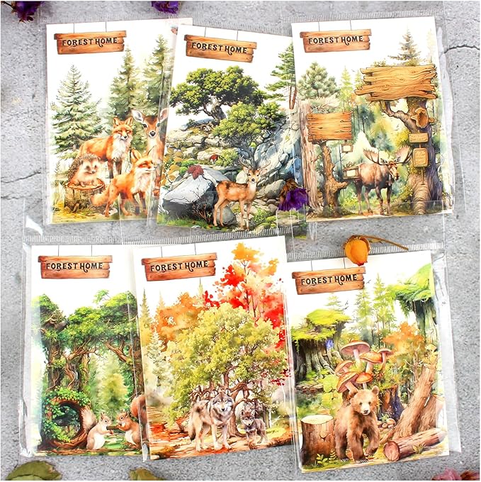 Dwpetzo 150Pcs PET Forest Landscape Stickers for Journaling and Scrapbooking, 6 Themes with Pine Trees Woodland Animals Wooden Stumps Moss Nature Scene Stickers for Junk Journal Supplies, Collage