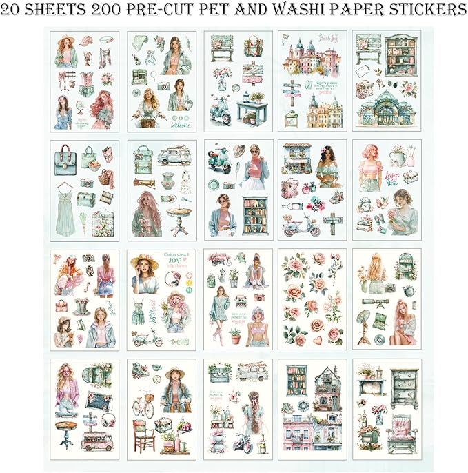 Auguro Scrapbooking Stickers 20 Sheets Pre-Cut 200 washi Stickers PET People Sticker Books for journaling Scrapbook Supplies Transparent Journal Sticker