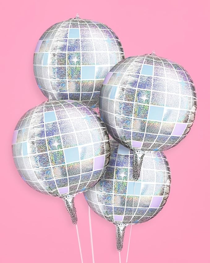 xo, Fetti Iridescent Disco Ball Foil Balloons - 4 pk, 22" | Last Disco Bachelorette Decorations, Groovy Birthday Party Supplies, 70s Baby Shower, NYE, Space Cowboy