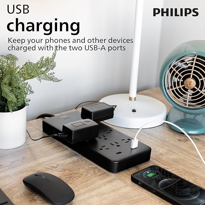 Philips EZFit 10-Outlet Surge Protector Power Strip, 6 Ft Braided Extension Cord, 2 USB Ports, Widely Spaced Outlets, Flat Plug, for Home Office Dorm Essentials, 2880 Joules, Black, SPP3403B/37