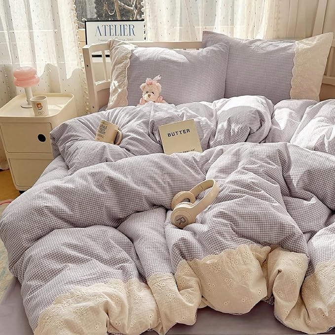 LifeTB Purple Gingham Duvet Cover Twin Cozy Washed Microfiber Purple Checkered Plaid Duvet Cover with 2 Pillowcases Romantic White Lace Comforter Cover 3 Pieces Gingham Grid Bedding Set