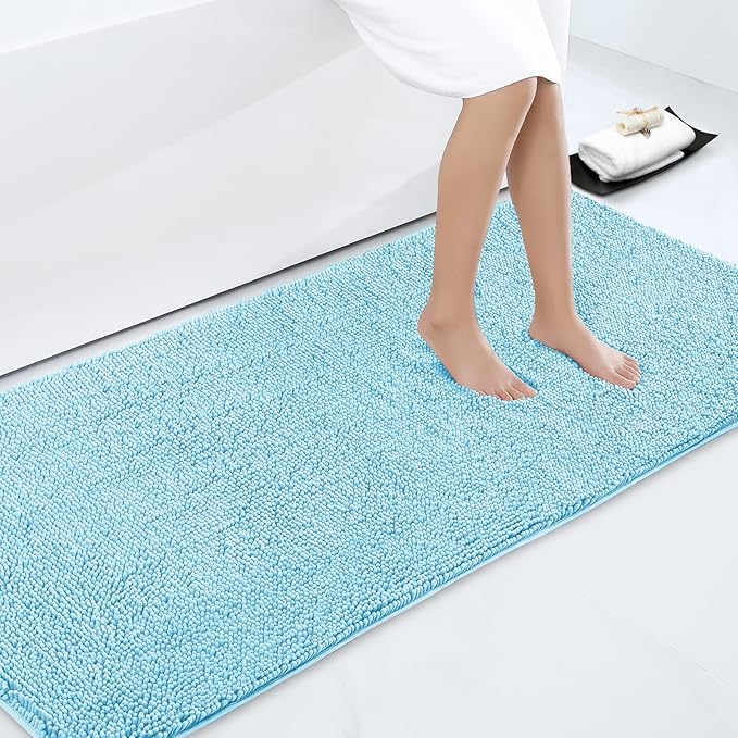 Smiry Luxury Chenille Bathroom Rugs 70x24, Extra Soft and Absorbent Shaggy Bath Mat, Machine Washable, Non-Slip Plush Carpet Runner for Tub, Shower, and Floor, Home Decor Accessories, Sky Blue