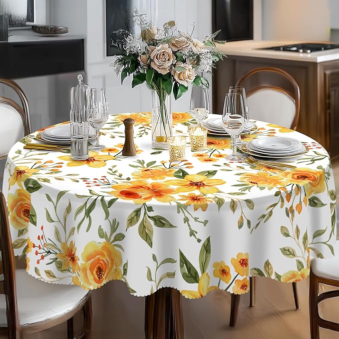 Eikione Round Tablecloth 60inch,Tablecloth Waterproof and Wrinkle-Free, Red Flower Rustic Table Covers, Summer Decorations for Home