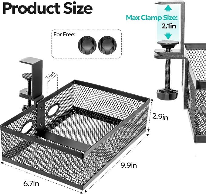 Pulchrum Under Desk Drawer Organizer Clamp On - 360° Swivel Metal Mesh Storage Basket, Hidden Rotating Desktop Tray for Standing Desk, Office Supplies & Gaming (No Drill, Black)