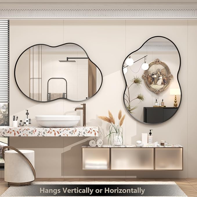 60x32 Black Matte Irregular Wall Mirror, Large Black Asymmetrical Bathroom Mirror, Decorative Aluminum Frame for Bathroom Bedroom, Shatterproof, Anti-Rust (Horizontally/Vertically)
