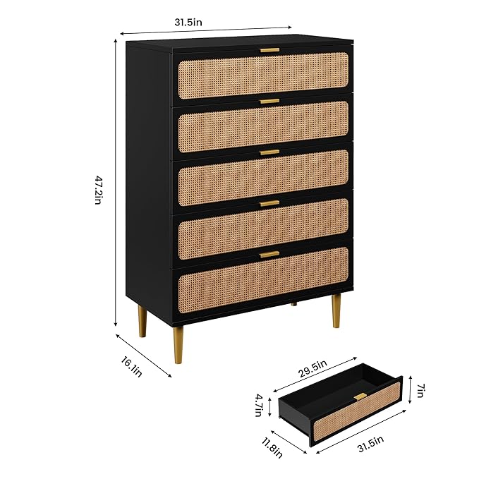 Garvee Rattan Dresser with 5 Drawers, Tall Modern Closet with Deep Storage, Large Chest of Drawers with Wide Top, Long Wooden Dresser for Bedroom, Living Room, Hallway, Kids Room, Black