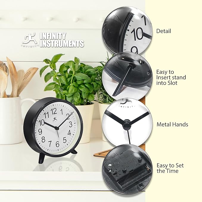 Infinity Instruments Plastic 5.75" Indoor Tabletop Alarm Clock with Quartz Movement for Accurate Time Keeping, Black