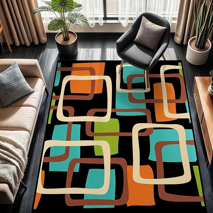 Mid Century Modern Rug, Colorful Abstract Geometric Area Rug, Retro Atomic Starburst Rugs, Washable Non-Slip Soft Low Pile 1950s Carpet for Living Room, Bedroom (4' x 6'(Rectangular))