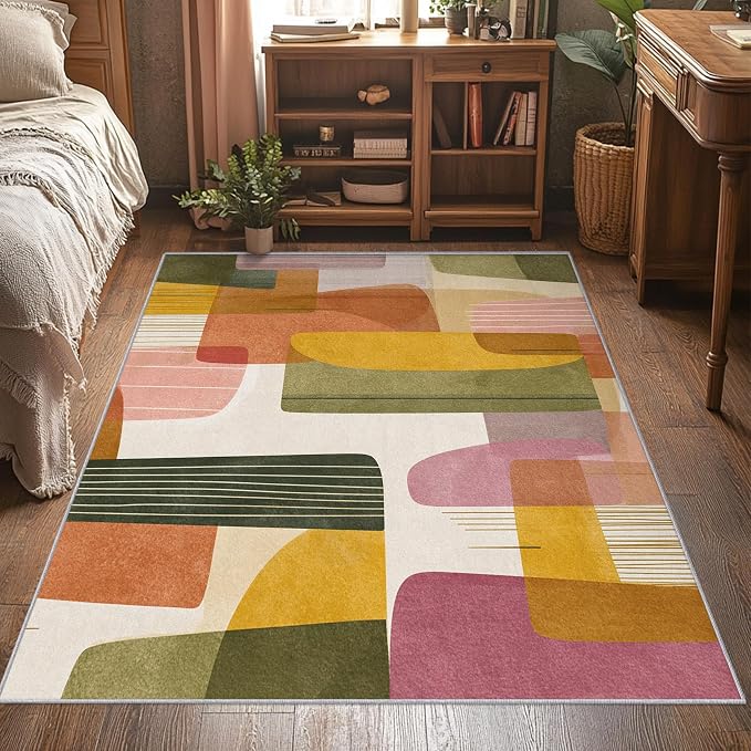 5x8 Mid Century Modern Rugs for Bedroom Decor, Washable Abstract Geometry Pattern Area Rug, Living Room Home Decoration, Non Slip Soft Thin, Boho Decor Carpet PF-P 117