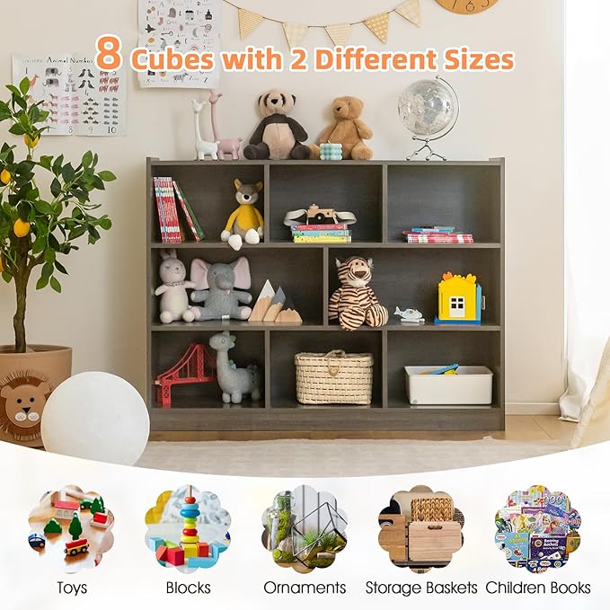HONEY JOY Kids Storage Organizer, 8-Section Open Wooden Display Shelf for Classroom, Playroom, Nursery, Kindergarten, Dark Gray