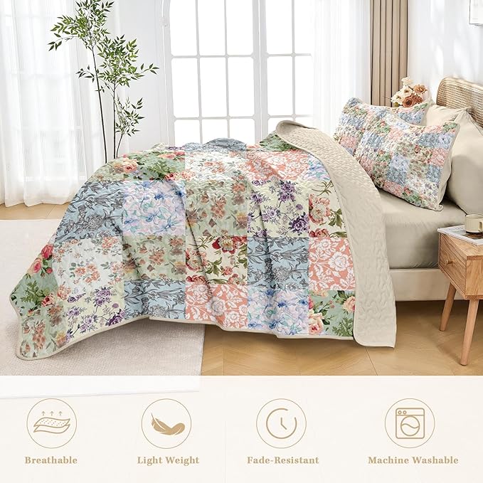 Quilt Set Full/Queen Size, Vintage Patchwork Floral 3 Pcs Soft Bed Cover Bedding Set, Boho Mid Century Lightweight Bedspread Coverlet with 2 Pillow Sham for All Season