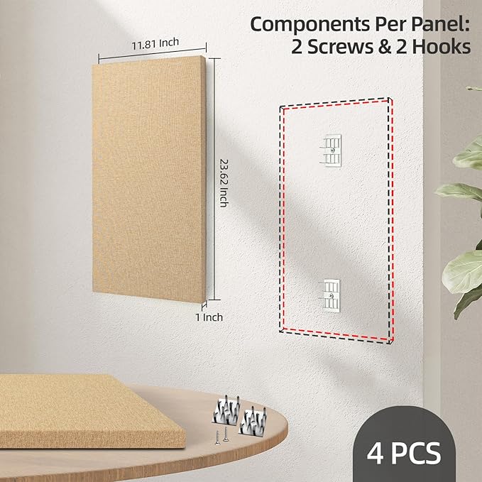 Art3dwallpanels 4 PCS Acoustic Panels, 24''x12'' Fabric Soundproof Wall Panels, Easy-Hook Mounting Sound Absorbing Panels for Studios, Office, Home Theater, Camel
