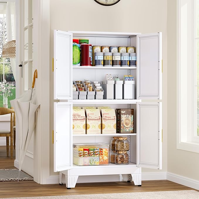 47.25" Metal Pantry Cabinet, Storage Cabinets with 4 Door and 2 Adjustable Shelves, White Bathroom Cabinet, Freestanding Cupboard for Kitchen Dining Living Room Bathroom