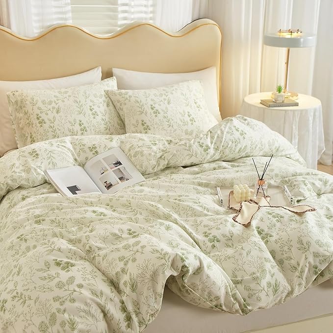 Vintage Boho Floral Duvet Cover Queen White Green Floral Print Bedding Set Cotton Botanical Floral Comforter Cover Garden Flowers Aesthetic Bedding Cover Boho Style Queen Duvet Cover with Zipper Ties