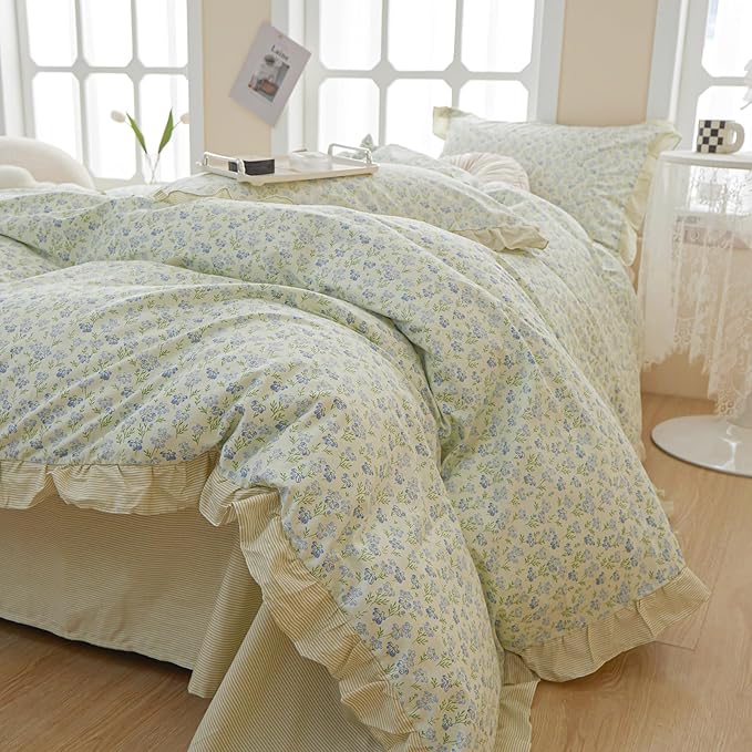 LifeTB Romantic Ruffle Duvet Cover Twin Garden Style Lace Duvet Cover Floral Pattern Blue Flower Comforter Cover Aesthetic Princess Lace Bedding Set 100% Cotton Floral Botanical Comforter Cover Twin